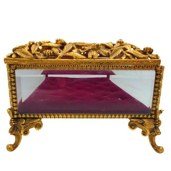 Matson Ormolu Jewelry Casket Box Dresser Vanity Case Gilt Metal Footed Burgundy - Picture 3 of 16
